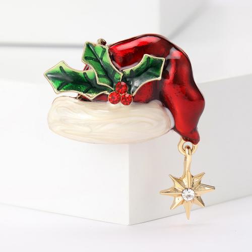 Broche de bijoux de Noël, alliage de zinc, chapeau de noël, Placage de couleur d'or, pour femme & émail & avec strass, Vendu par PC