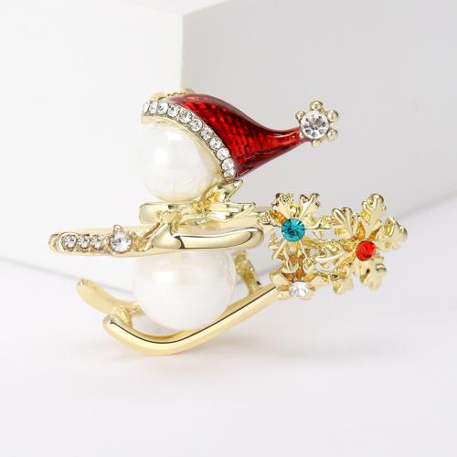 Broche de bijoux de Noël, alliage de zinc, avec perle de plastique, bonhomme de neige, Placage de couleur d'or, Conception de Noël & émail & avec strass, Vendu par PC