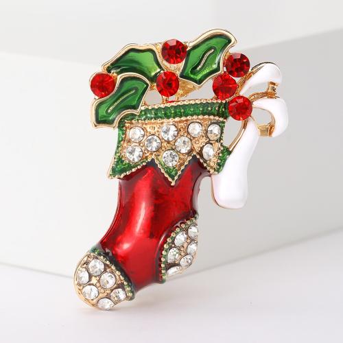 Broche de bijoux de Noël, alliage de zinc, chaussette de noël, Placage de couleur d'or, Conception de Noël & émail & avec strass, rouge, Vendu par PC