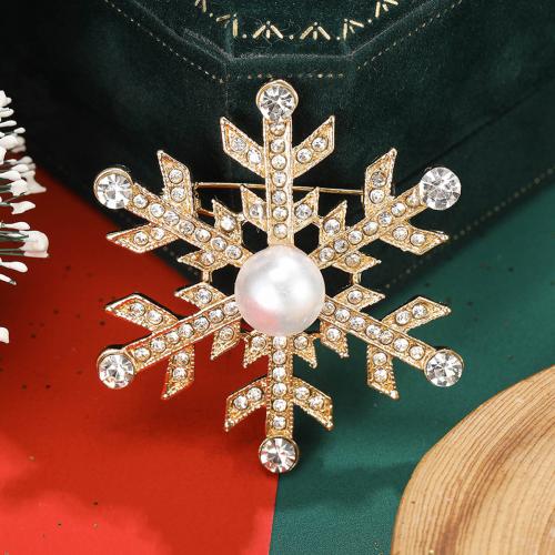 Broche de bijoux de Noël, alliage de zinc, avec perle de plastique, flocon de neige, Placage, pour femme & avec strass, plus de couleurs à choisir, Vendu par PC