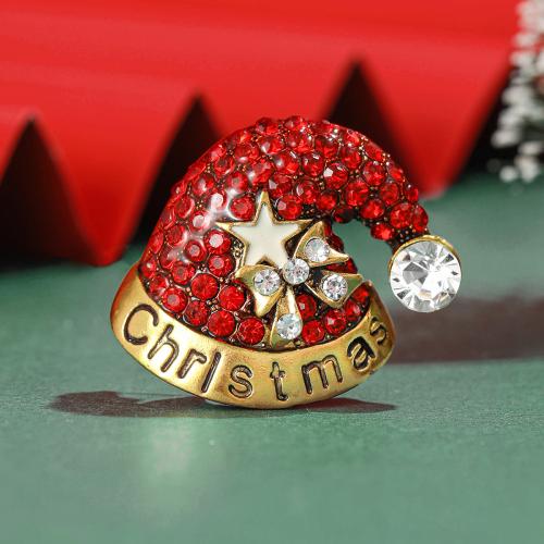 Broche de bijoux de Noël, alliage de zinc, chapeau de noël, Placage de couleur d'or, pour femme & émail & avec strass, rouge, Vendu par PC