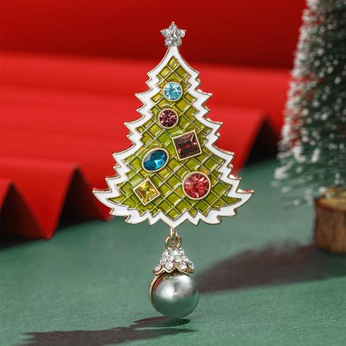 Broche de bijoux de Noël, alliage de zinc, avec perle de plastique, arbre de noël, Placage de couleur d'or, pour femme & émail & avec strass, Vendu par PC