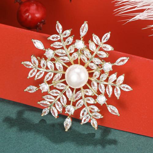 Cubic Zirconia Brooch, Brass, with Plastic Pearl, Snowflake, gold color plated, micro pave cubic zirconia & for woman 