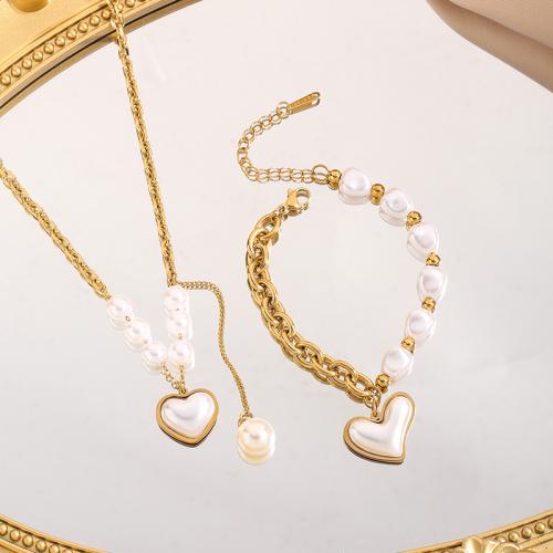 Titanio conjunto de joyas de acero, Partículas de acero, con Perlas plásticas, 18K chapado en oro, Joyería & diferentes estilos para la opción & para mujer, Vendido por UD