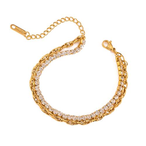 Brass Bracelets, 304 Stainless Steel, with 5cm extender chain, Vacuum Ion Plating, Double Layer & for woman & with rhinestone, golden Approx 16.5 cm 