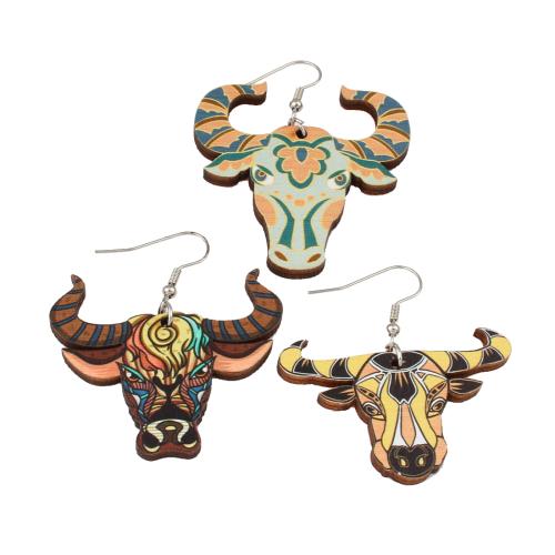 Wood Earring, with Iron, Bull, printing, fashion jewelry & for woman 