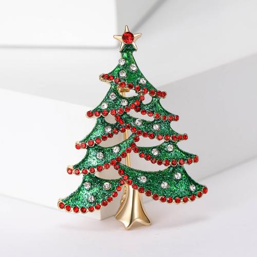 Broche de bijoux de Noël, alliage de zinc, arbre de noël, Placage de couleur d'or, Conception de Noël & pour femme & avec strass, vert Vendu par PC