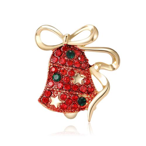 Broche de bijoux de Noël, alliage de zinc, cloche de noël, Placage de couleur d'or, Conception de Noël & pour femme & avec strass, rouge Vendu par PC