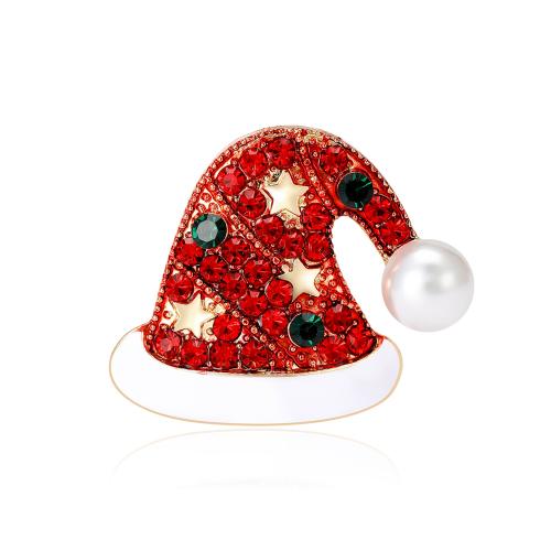 Broche de bijoux de Noël, alliage de zinc, avec perle de plastique, chapeau de noël, Placage de couleur d'or, Conception de Noël & pour femme & émail & avec strass, rouge Vendu par PC