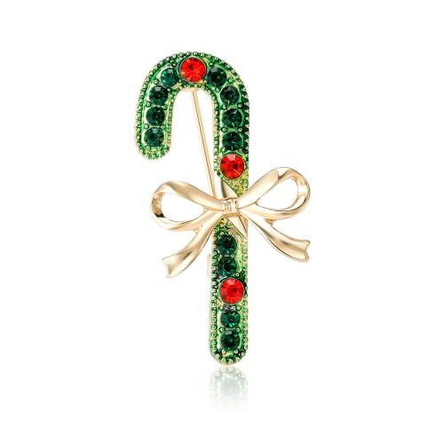 Broche de bijoux de Noël, alliage de zinc, canne à sucre de noël, Placage de couleur d'or, Conception de Noël & pour femme & émail & avec strass, vert Vendu par PC