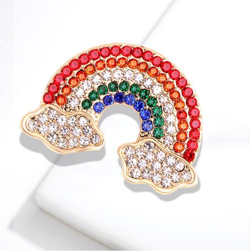 Rhinestone Zinc Alloy Brooch, Rainbow, gold color plated, fashion jewelry & with rhinestone, multi-colored 