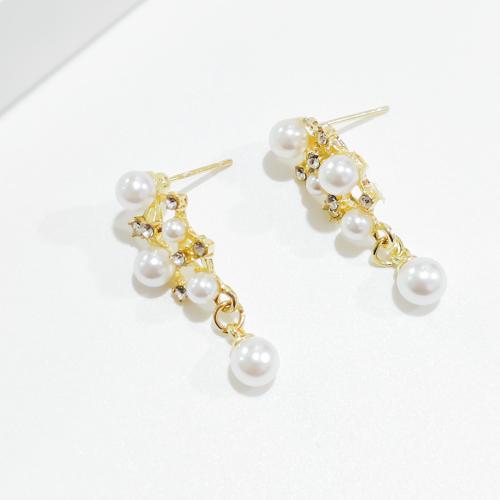 Pendiente de aleación de cinc con perlas plásticas, aleación de zinc, con Perlas plásticas, chapado en color dorado, Joyería & con diamantes de imitación, dorado, 10x31mm, Vendido por Par