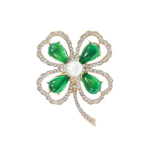 Rhinestone Zinc Alloy Brooch, with Plastic Pearl, Grass, plated, fashion jewelry & with rhinestone, green 