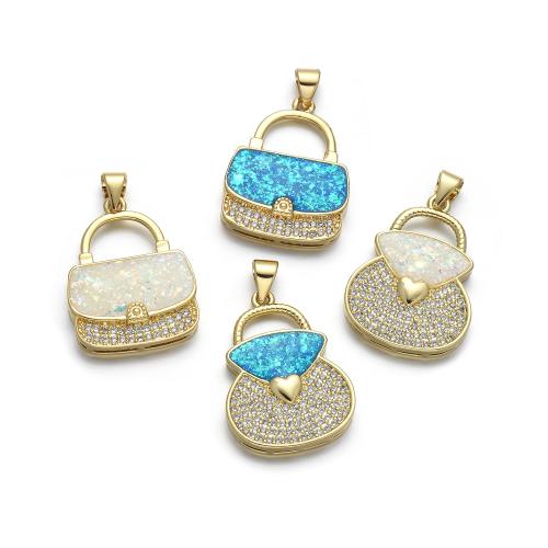 Cubic Zirconia Micro Pave Brass Pendant, with Opal, Handbag, plated, DIY & micro pave cubic zirconia 