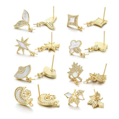 Brass Earring Stud Component, with Shell, plated, DIY & micro pave cubic zirconia, gold 