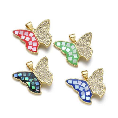 Cubic Zirconia Micro Pave Brass Pendant, with Shell, Butterfly, plated, DIY & micro pave cubic zirconia & enamel 