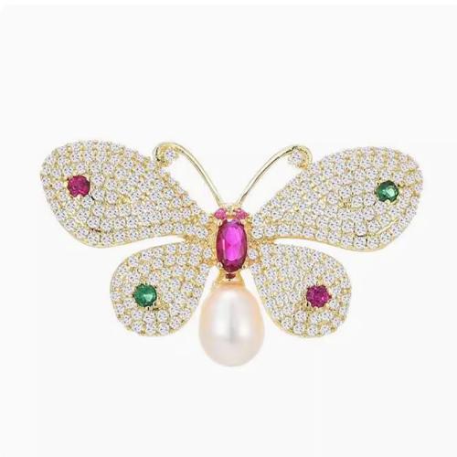 Rhinestone Zinc Alloy Brooch, with Plastic Pearl, plated, for woman & with rhinestone, golden 