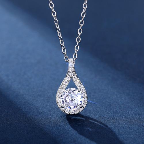 Brass Necklace, Teardrop, platinum plated, oval chain & micro pave cubic zirconia & for woman Approx 15.7 Inch 