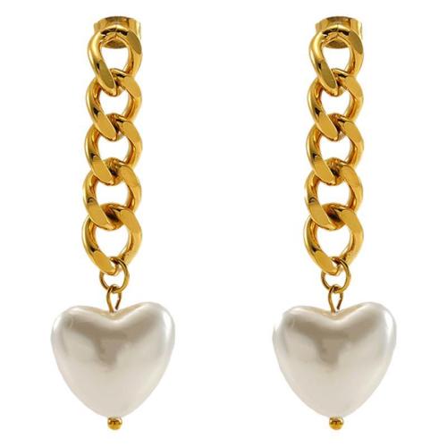 Stainless Steel Drop Earring, 304 Stainless Steel, with Plastic Pearl, Heart, 18K gold plated, fashion jewelry & for woman, golden, 54mm 