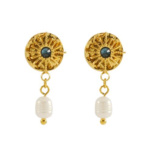 Stainless Steel Drop Earring, 304 Stainless Steel, with Plastic Pearl, 18K gold plated, fashion jewelry & for woman & with rhinestone, golden 