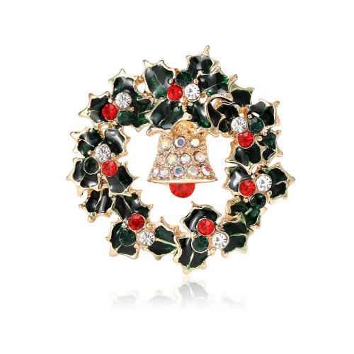 Broche de bijoux de Noël, alliage de zinc, guirlande de noël, Placage de couleur d'or, Conception de Noël & pour femme & émail & avec strass, vert Vendu par PC