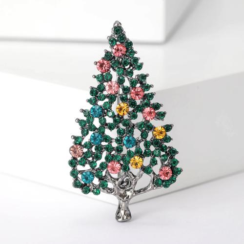 Broche de bijoux de Noël, alliage de zinc, arbre de noël, pistolet noir plaqué, Conception de Noël & pour femme & avec strass, vert Vendu par PC