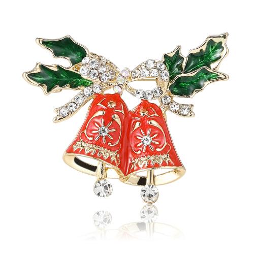 Broche de bijoux de Noël, alliage de zinc, cloche de noël, Placage de couleur d'or, Conception de Noël & unisexe & avec strass, rouge Vendu par PC