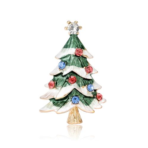 Broche de bijoux de Noël, alliage de zinc, arbre de noël, Placage de couleur d'or, Conception de Noël & pour femme & émail & avec strass, vert Vendu par PC