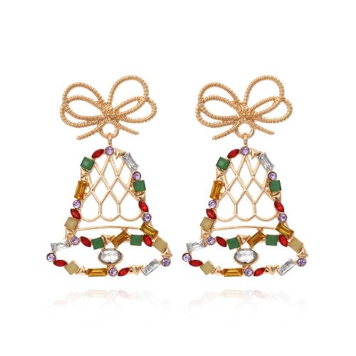 Pendientes de Navidad, aleación de zinc, Cascabel de Navidad, chapado en color dorado, Diseño de Navidad & Joyería & para mujer & con diamantes de imitación, multicolor, 55x35mm, Vendido por Par