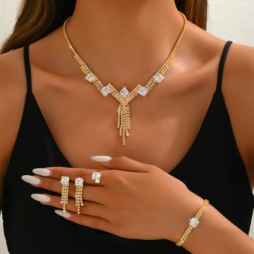 Brass Jewelry Set, finger ring & bracelet & earring & necklace, plated, for bridal & with rhinestone 