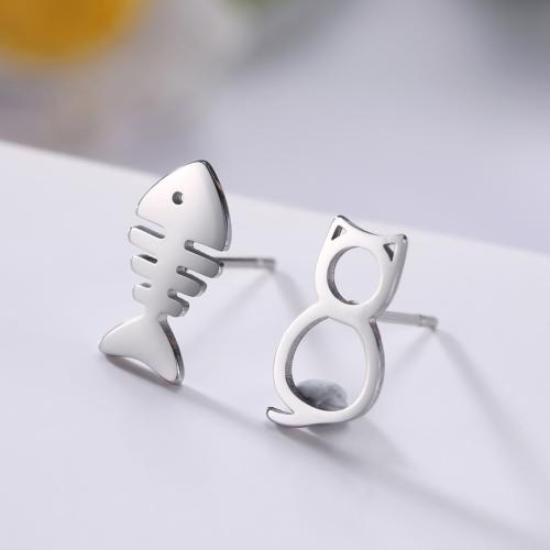 Asymmetric Earrings, 304 Stainless Steel, Cat and Fish, plated, fashion jewelry 