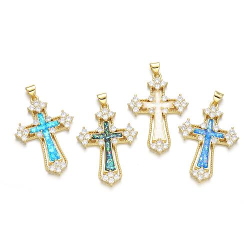 Cubic Zirconia Micro Pave Brass Pendant, with Opal, Cross, plated, DIY & micro pave cubic zirconia 