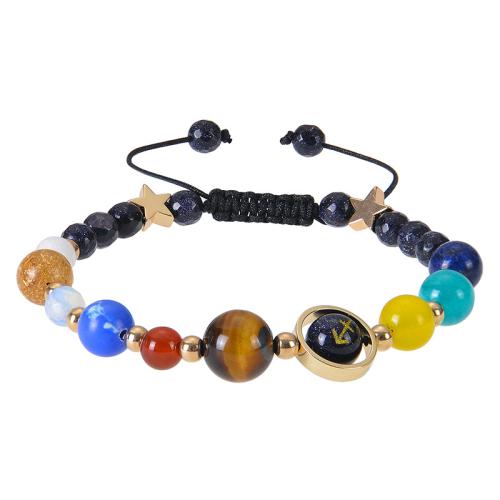 Gemstone Bracelets, 304 Stainless Steel, with Blue Sandstone & Natural Stone & Obsidian & Wax Cord & Tiger Eye, handmade & for woman .8 Inch 