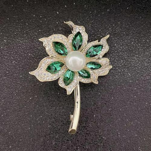 Zinc Alloy Jewelry Brooch, with Plastic Pearl, plated, for woman & with rhinestone, golden 