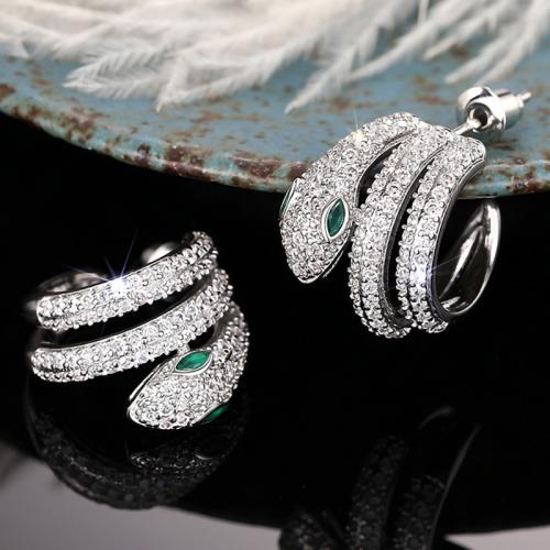 Brass Stud Earring, Snake, platinum plated, micro pave cubic zirconia & for woman 