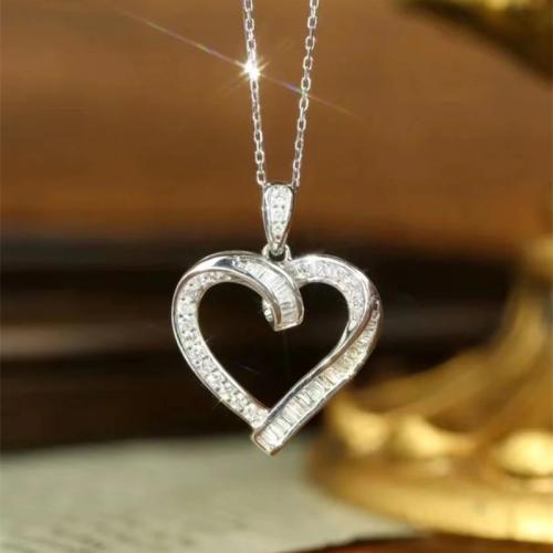 Brass Necklace, Heart, platinum plated, oval chain & micro pave cubic zirconia & for woman & hollow Approx 16 Inch 