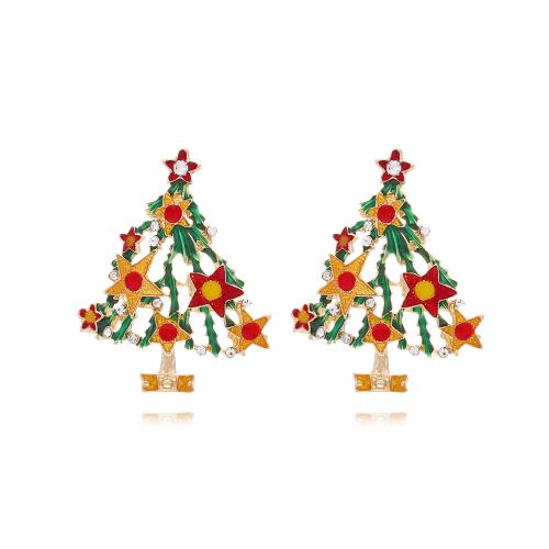 Pendientes de Navidad, aleación de zinc, Árbol de Navidad, chapado en color dorado, Diseño de Navidad & para mujer & esmalte & con diamantes de imitación, multicolor, 40x50mm, Vendido por Par