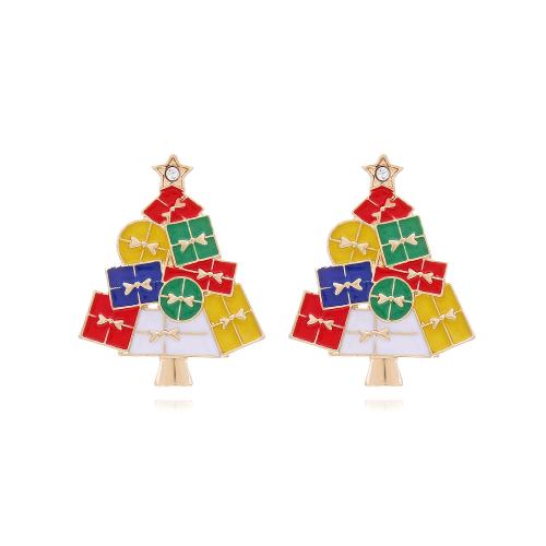 Pendientes de Navidad, aleación de zinc, Árbol de Navidad, chapado en color dorado, Diseño de Navidad & para mujer & esmalte & con diamantes de imitación, multicolor, 33x42mm, Vendido por Par