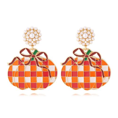 Pendientes de Navidad, aleación de zinc, con Perlas plásticas, chapado en color dorado, Diseño de Navidad & Joyería & para mujer & esmalte, 38x48mm, Vendido por Par