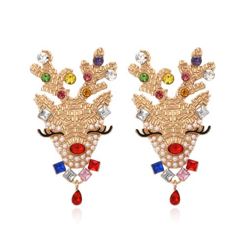 Pendientes de Navidad, aleación de zinc, con Perlas plásticas, Reno de Navidad, chapado en color dorado, Diseño de Navidad & Joyería & para mujer & esmalte & con diamantes de imitación, 62x33mm, Vendido por Par