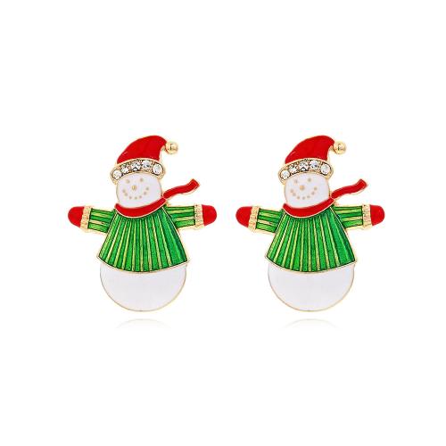 Pendientes de Navidad, aleación de zinc, Hombre de Nieve, chapado en color dorado, Diseño de Navidad & Joyería & para mujer & esmalte & con diamantes de imitación, 36x43mm, Vendido por Par