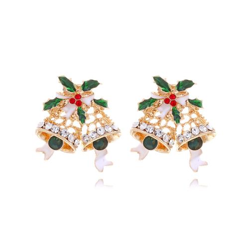 Pendientes de Navidad, aleación de zinc, Cascabel de Navidad, chapado en color dorado, Diseño de Navidad & Joyería & para mujer & esmalte & con diamantes de imitación, 29x32mm, Vendido por Par