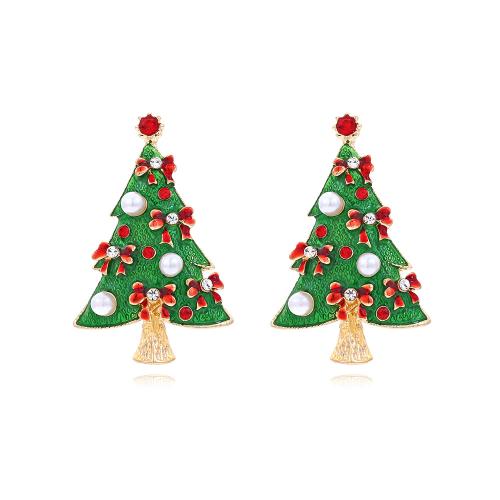 Pendientes de Navidad, aleación de zinc, con Perlas plásticas, Árbol de Navidad, chapado en color dorado, Diseño de Navidad & Joyería & para mujer & esmalte & con diamantes de imitación, verde, 34x52mm, Vendido por Par