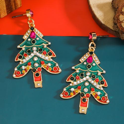 Pendientes de Navidad, aleación de zinc, Árbol de Navidad, chapado en color dorado, para mujer & esmalte & con diamantes de imitación, verde, Vendido por Par