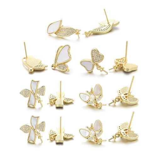 Brass Earring Stud Component, with Shell, plated, DIY & micro pave cubic zirconia, gold 