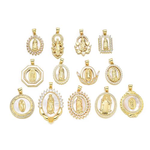 Brass Shell Pendants, with Shell, plated, DIY & micro pave cubic zirconia, gold 