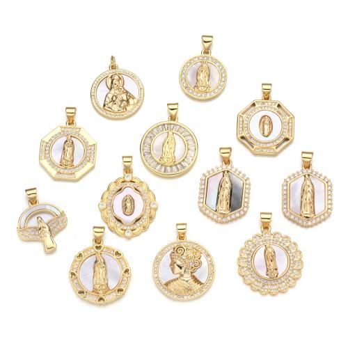 Brass Shell Pendants, with Shell & Abalone Shell, plated, DIY & micro pave cubic zirconia, gold 