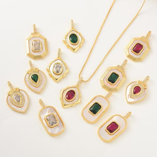 Brass Shell Pendants, with Ruby Alumina & Shell, plated, DIY & micro pave cubic zirconia 