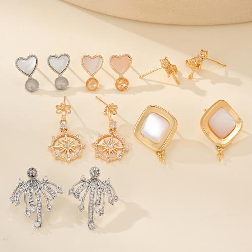 Brass Earring Stud Component, with Shell, plated, DIY & micro pave cubic zirconia 