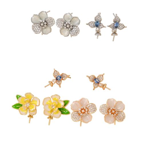 Brass Earring Stud Component, petals, plated, DIY & micro pave cubic zirconia & enamel 